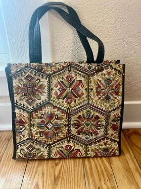 Vintage Foldable Retro Geometric Knitting Sewing Craft Yarn Caddy Bag 1960s